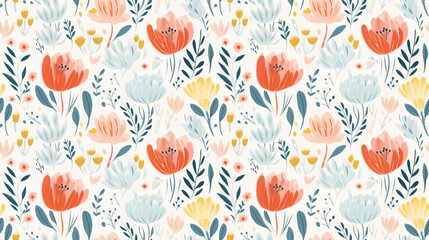 A seamless pattern of hand-drawn tulips and other flowers in a repeat pattern.