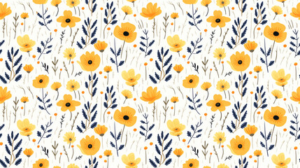 A seamless pattern of hand-drawn yellow flowers and blue leaves on a white background.