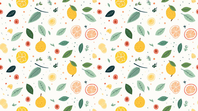 A seamless pattern of hand-drawn lemons, leaves, and flowers.