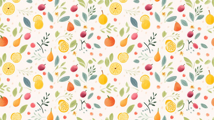 A seamless pattern of hand-painted watercolor fruits and leaves.
