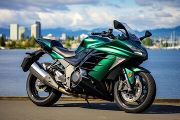 Fototapeta premium A green sports motorcycle is parked next to a body of water, showcasing its versatility and power. Generative AI