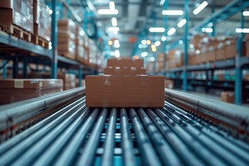 conveyor belt in a distribution warehouse with row of cardboard box packages for e-commerce