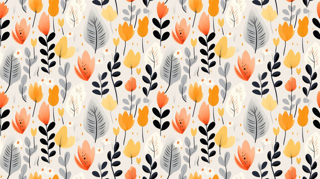 A seamless pattern of hand-painted tulips and leaves in a repeat pattern.