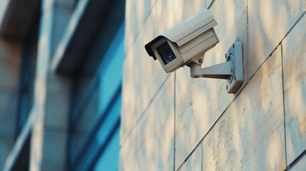 High-Tech Surveillance: CCTV Camera Mounted on Building Facade. Generative AI.
