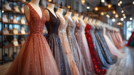 Elegant formal dresses for sale in luxury modern shop boutique. Prom gown, wedding, evening, bridesmaid dresses dress details