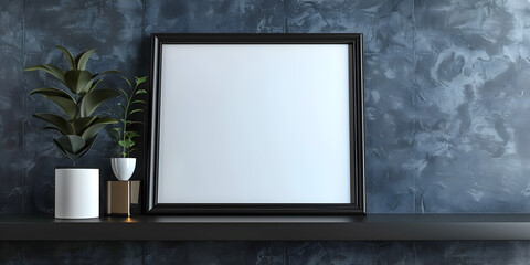 Black photo frame mockup on white wall plants on the table in a modern and minimalist apartment .