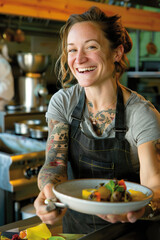 Plant-based restaurant: Chefs cooking, vibrant vegan dishes, promoting plant-powered cuisine.