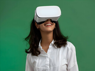 Portrait of happy young indian woman wearing white augmented virtual reality glasses on green color studio background with copy space