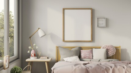 A bedroom with a white wall and a wooden headboard
