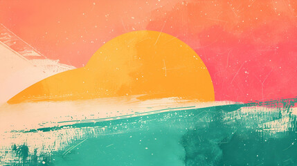 Summer poster design in orange, pink, teal, and green abstract retro grainy gradient background noise texture effect.