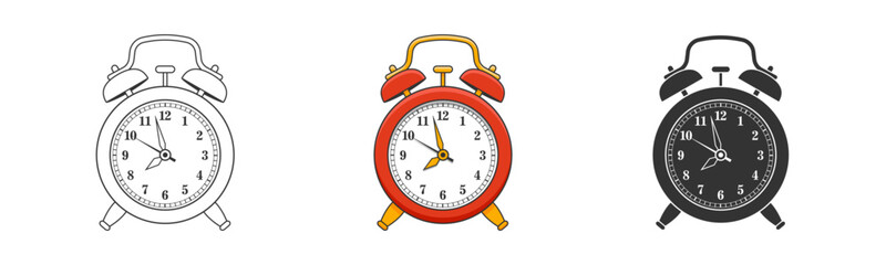 Simple vector illustrations of alarm clocks in three variations. Outline, colorful and black glyph alarm clock