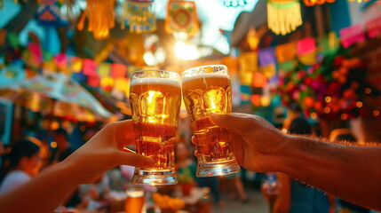 A group of friends clinking glasses in a toast with Mexican beer, with a backdrop of festive decorations. Cinco de Mayo