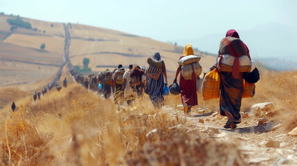 A line of refugees carrying their belongings as they embark on a journey toward safety and a better future. World Refugee Day