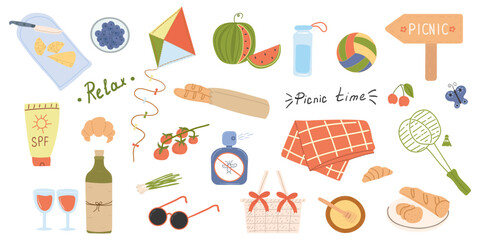 Summer picnic set: blanket, basket, bread, wine, cheese, blueberries, badminton, ball. Icons, signs, banners. Elements of the collection for summer holidays, for stickers.