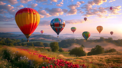 Obraz premium Whimsical hot air balloons: Colorful balloons floating above patchwork fields.