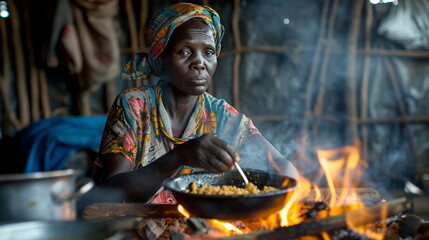 Fototapeta premium A refugee woman cooking a traditional meal over an open fire, preserving her cultural heritage even in displacement. World Refugee Day