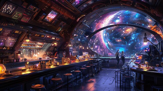 Illustrate a cosmic kitchen spaceship bustling with alien chefs in intergalactic culinary creations