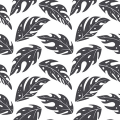 Black and white seamless repeat pattern with scandinavian leaves in doodle style. Vector flat background of hand drawn floral elements