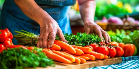 Hands prepare a vibrant meal; fresh carrots, tomatoes, and greens on the chopping board—a culinary art at home.