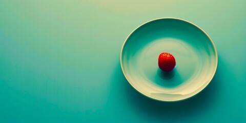 A solitary strawberry rests in a bowl, stark against turquoise—the essence of minimalism and color play.
