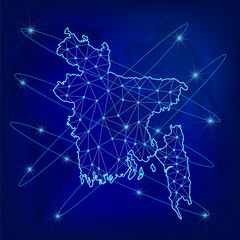 Global logistics network concept. Communications network map Bangladesh on the world background. Map of Bangladesh with nodes in polygonal style. EPS10.