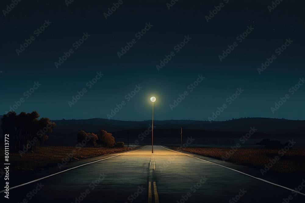 Wall mural a street light brightly illuminating an empty road at night, casting a glow on the surrounding area.