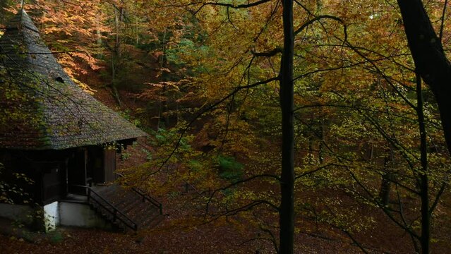 Bathed in autumn's golden light, the chapel of St. Roch in Krasnobr&oacute;d shines radiantly amidst the vibrant foliage, a serene haven under the sunny skies.