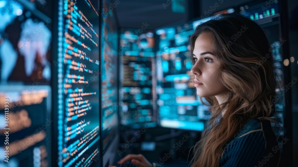 Poster Portrait of a young confident woman, programmer, IT specialist dealing with software, coding, cybersecurity surrounded by large digital computer screens in the office.