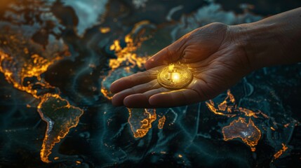 Hand Presenting Bitcoin Over Digital World Map. A hand holding a shining Bitcoin against a digitally enhanced world map, symbolizing global cryptocurrency investment.