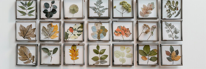 A grid of square metal frames holding pressed botanical specimens, arranged symmetrically on a white wall, bringing the beauty of nature indoors