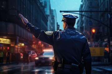 A police officer is seen directing traffic in the rain, ensuring vehicles move safely through the wet conditions. Generative AI