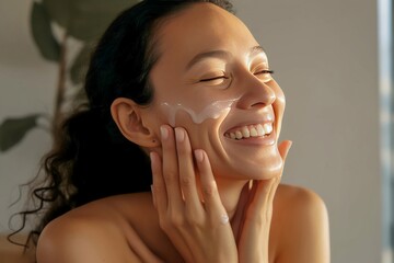 happy young woman applying moisturizer on face at home