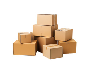 stacked cardboard boxes on a plain transparent background, symbolizing logistics and packaging. Generative AI
