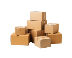 stacked cardboard boxes on a plain transparent background, symbolizing logistics and packaging. Generative AI