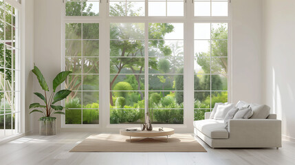 living room interior. Natural Light Haven: White Home Showcase Sitting Area Overlooking Garden