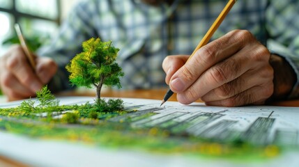 Person, hands sketching a sustainable green city concept with eco friendly buildings and a tree on paper