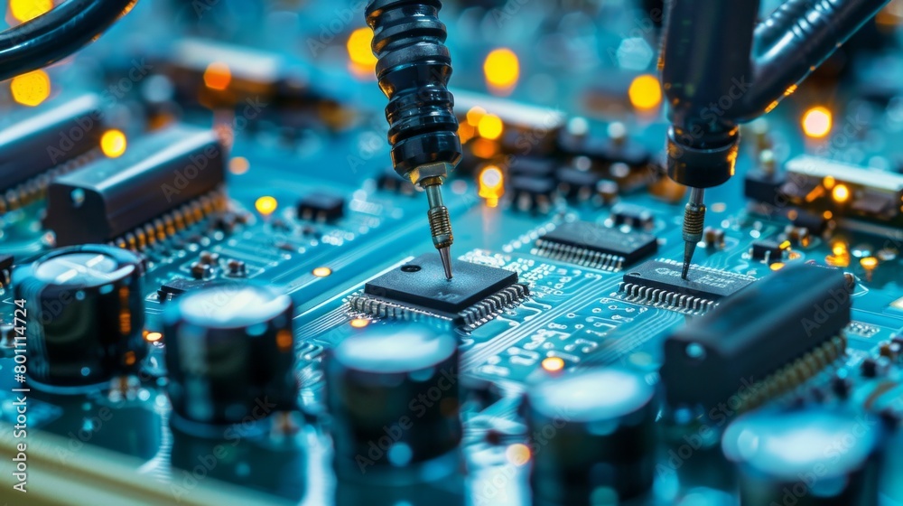 Aufkleber Close-up of a modern manipulator robot in a modern high-tech electronics factory. Production and Installation of chips, components, and an automated PCB assembly line