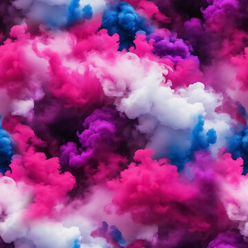 Seamless pattern with texture of pink, blue, white smoke, fog, smog on a black background