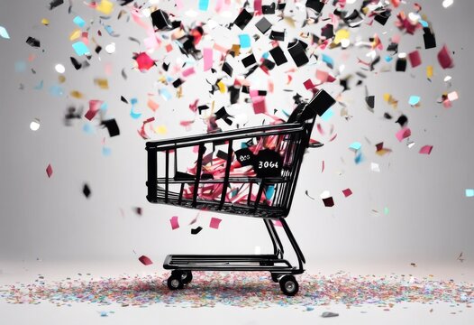 'background black design sale render shopping friday gift cart confetti box 3D banner christmas new year poster season concept clearance marketing special store'