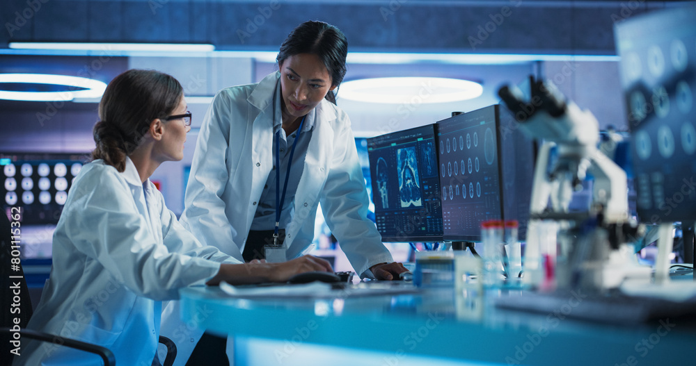 Aufkleber medical hospital research laboratory: caucasian and asian female scientists talking and using deskto