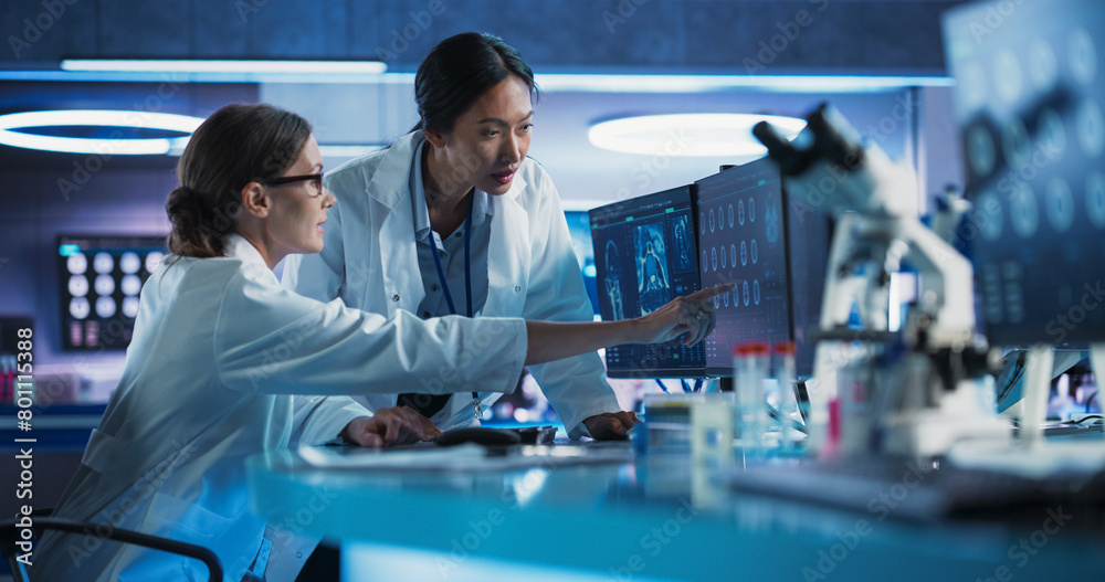 Poster medical hospital research laboratory: caucasian and asian female scientists talking and using deskto
