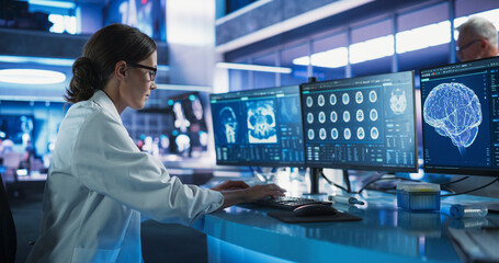 Caucasian Female Neuroscientist Using Desktop Computer To Analyze CT Scans Of Human Brain In Busy...