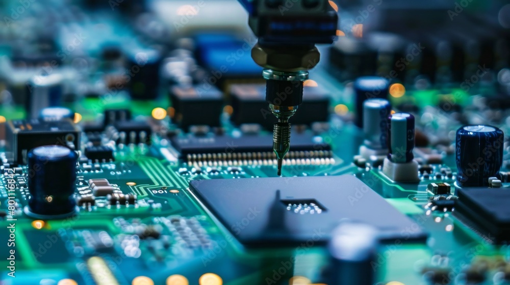 Poster Close-up of modern high-precision robotic manipulators on a fully automated PCB assembly line at a modern high-tech electronics factory.