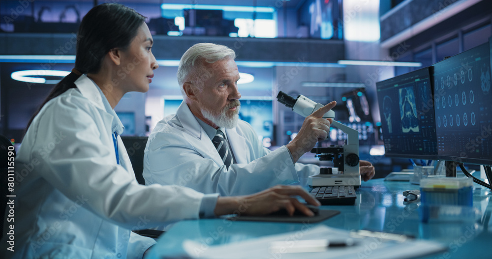 Poster biotechnology medical research center: female asian neurologist using desktop computer and talking t