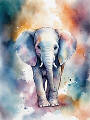 A young majestic elephant portrayed in a beautiful watercolor style over an abstract splash background