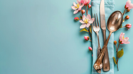 Stylish cutlery with flowers on blue background