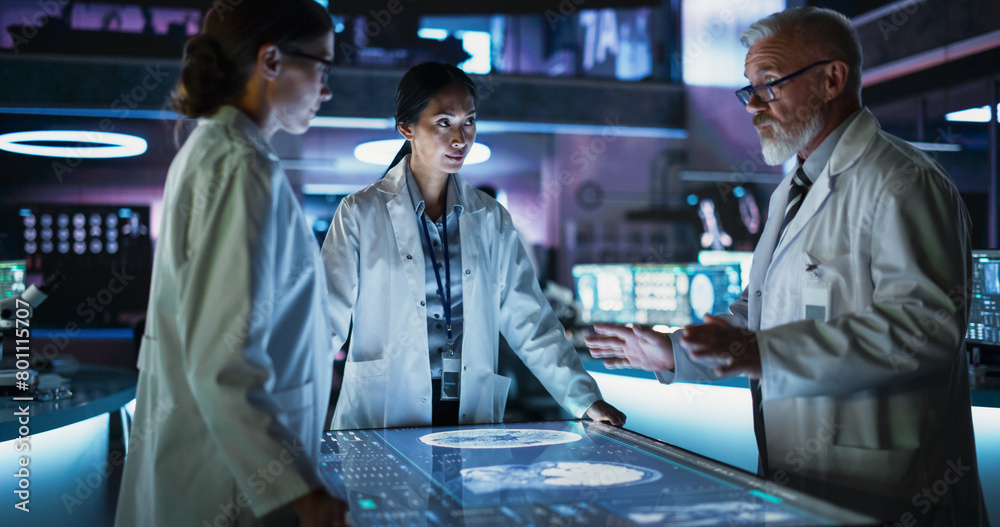 Poster modern hospital medical research center: diverse colleagues gathered around interactive touch screen