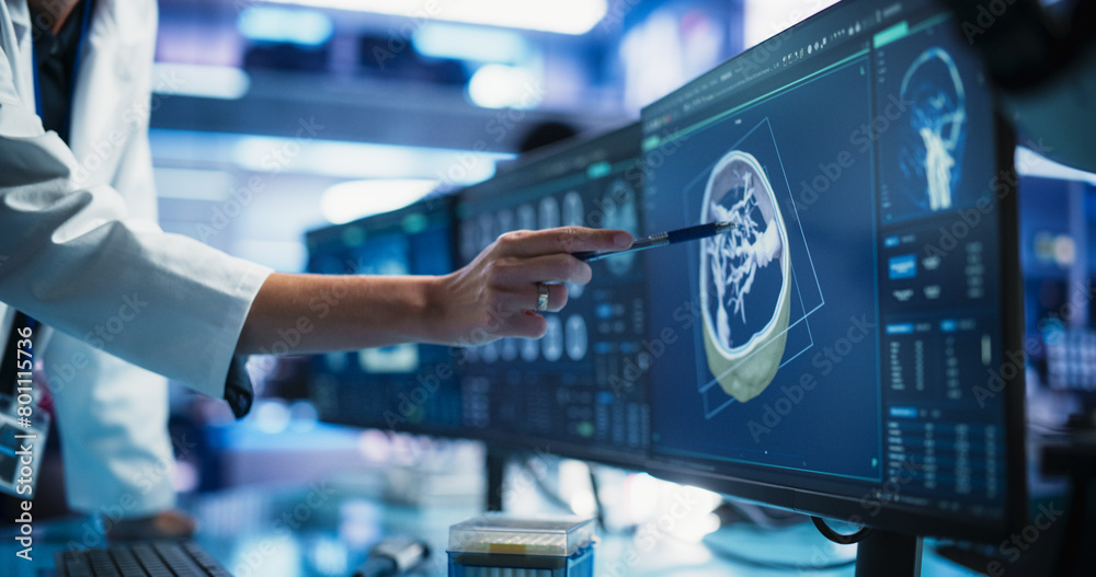 Poster modern cancer research medical center: anonymous doctor pointing at desktop computer monitor with 3d