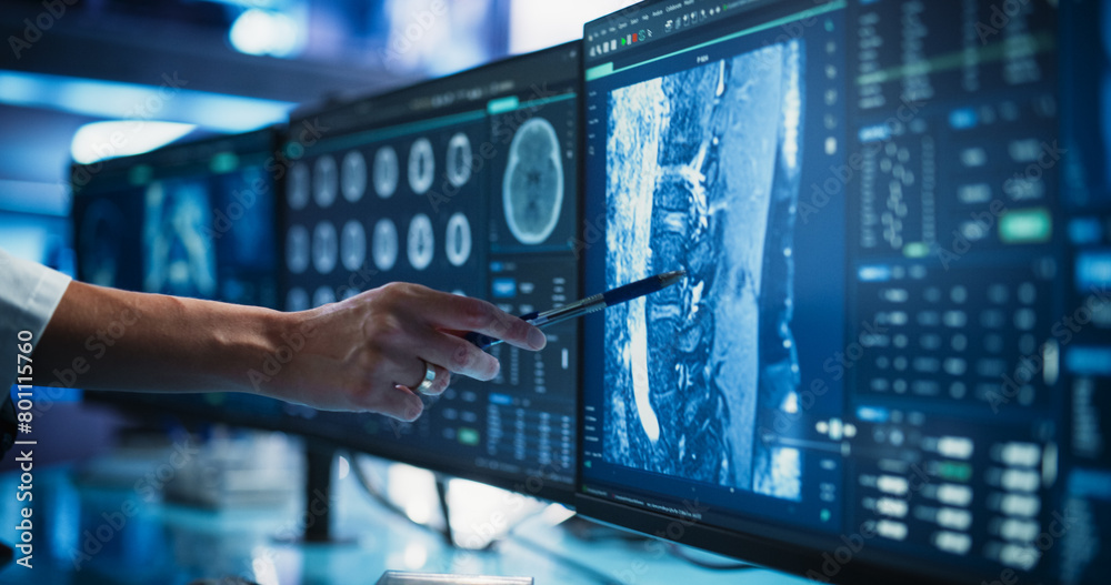 Aufkleber modern medical research center: anonymous doctor pointing at desktop computer monitor with software 