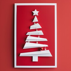 christmas card with christmas tree on red background